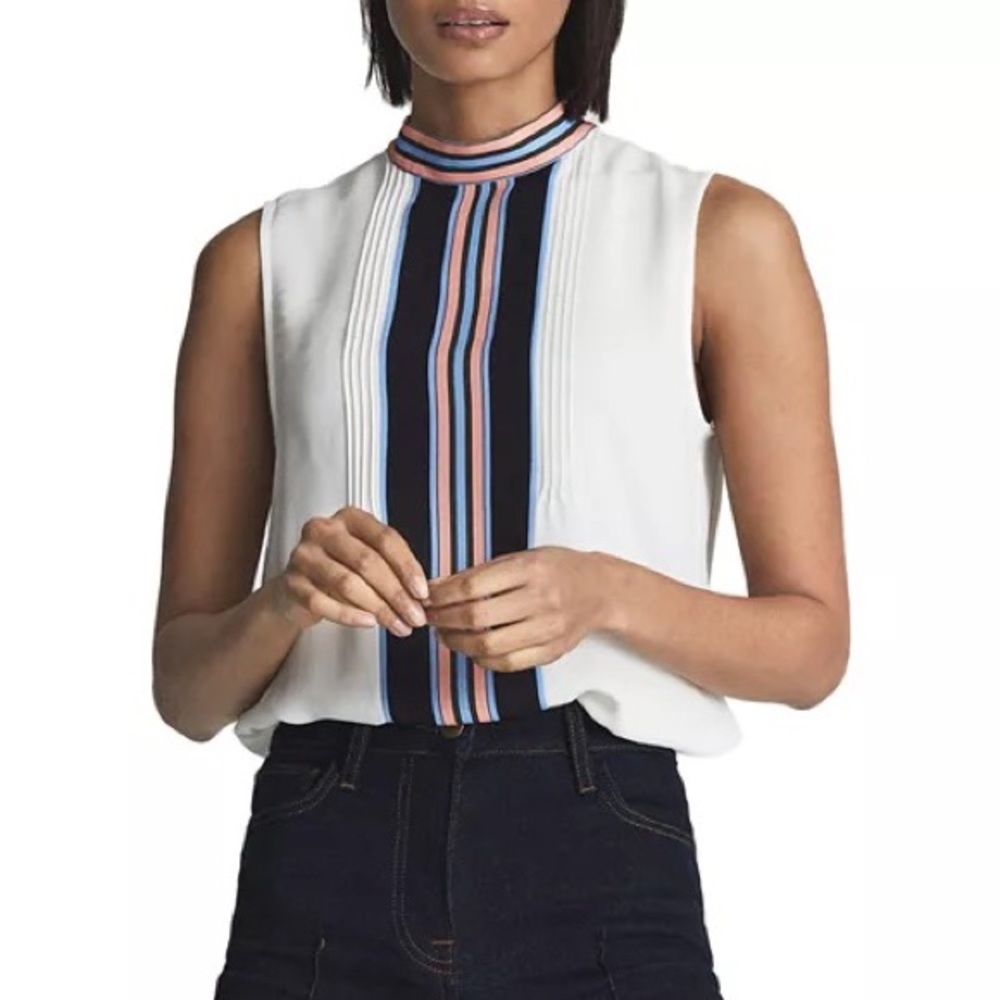 REISS ARYA PRINTED vertical STRIPE Sleeveless Mock neck BLOUSE size 4